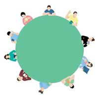 retratos de personas con tazas en las manos alrededor de un círculo verde, vector plano, aislado en blanco, ilustración sin rostro, concepto de café, fiesta de té a escala planetaria