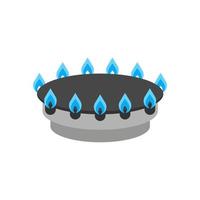 Gas burner with fire, blue flame propane on stove. Hob on gas stove. Home cooking plate in kitchen. Vector flat illustration