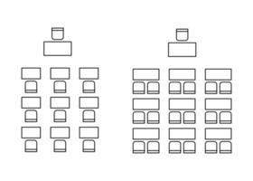 conjunto de planes para la disposición de asientos en el interior, auditorio con lugar para espectadores, aula, sala de conferencias, elementos de esquema de diseño. iconos de sillas y mesas de esquema. vista superior de los muebles.línea vectorial vector