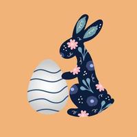 colorida pancarta de pascua con conejito, huevo y flores. lindo fondo de doodle de pascua dibujado a mano vector