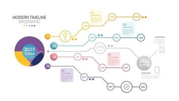 plantilla de hoja de ruta de esquema infográfico de línea de tiempo de negocios. calendario de diagrama de línea de tiempo de elemento de hito moderno y temas de 4 trimestres, se pueden utilizar para infografías vectoriales, presentaciones de marketing digital. vector