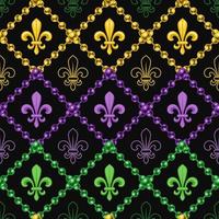 Geometric pattern with fleur de lis symbol. Diagonal square grid with string of beads. Illustration for Mardi Gras carnival. Vintage illustration for prints, clothing, holiday, surface design vector