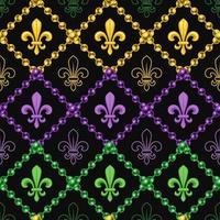 Geometric pattern with fleur de lis symbol. Diagonal square grid with string of beads. Illustration for Mardi Gras carnival. Vintage illustration for prints, clothing, holiday, surface design vector