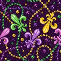 Seamless pattern with fleur de lis, strings of beads. Mardi gras carnival design. Vintage illustration for prints, clothing, surface design