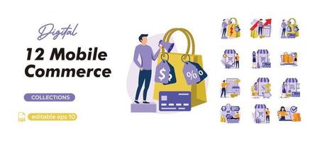 Mobile commerce concept set. Buyers make purchases in app, smart online shopping. People isolated scenes in flat design. business flat bundle  illustrationation vector