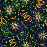 Pattern with flying, falling serpentine ribbons, beads, gold shiny stars on dark background. Outline masks, confetti behind. Carnaval print ornament. vector