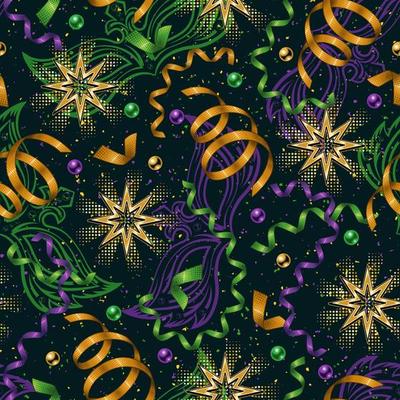 Pattern with flying, falling serpentine ribbons, beads, gold shiny stars on dark background. Outline masks, confetti behind. Carnaval print ornament.