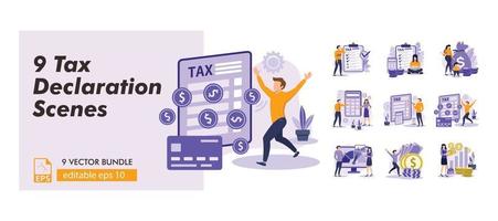 Tax declaration collection of scenes. Characters preparing documents for tax calculation, making income tax return and calculating business invoices. vector