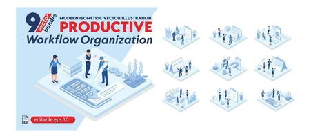 organización del flujo de trabajo productivo. colección de escenas con personas organizando y mejorando su flujo de trabajo y lugar de trabajo. ilustración de paquete isométrico de negocios vector