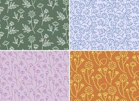 Set of seamless patterns with wildflowers. Beautiful nature textures in outline style. vector