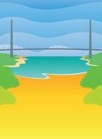 Landscape with a suspension bridge over a river, the blue sky in waves and the riverbank in yellow with green bushes on the sides. Vector background