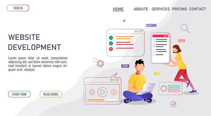 People working on the website development and design. Web agency, website builder, programmer, web designer concept. Vector illustration for banner, presentation, advertising, poster.