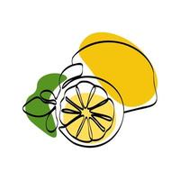 Continuous one line drawing lemon. Vector illustration. Black line art on white background with colorful spots. Cartoon lemon isolated on white background. Vegan concept