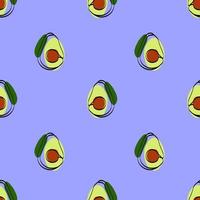 Seamless pattern with avocado on blue background. Continuous one line drawing avocado. Black line art on blue background with colorful spots. Vegan concept vector