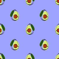 Seamless pattern with avocado on blue background. Continuous one line drawing avocado. Black line art on blue background with colorful spots. Vegan concept vector