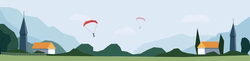 Panoramic rural landscape, vector illustration of horizontal banners of autumn landscape mountains and houses and paraglider. Simple geometric design.