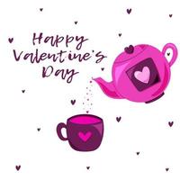 Happy Valentines Day card with teapot and cup with love. Greeting postcard vector