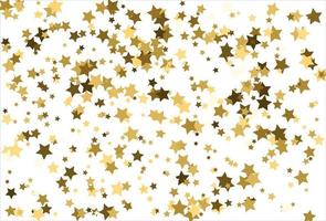 Random falling gold stars on white background. Glitter pattern for banner, greeting card, Christmas and New Year card, invitation, postcard, paper packaging vector