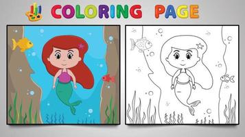 Cartoon mermaid coloring page no 13 kids activity page with line art vector illustration