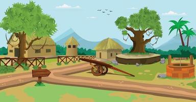 Cartoon background village scene vector illustration with old houses town.