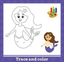 Trace and color for kids, mermaid no 7 vector illustration.