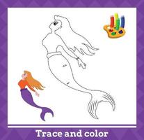 Trace and color for kids, mermaid no 1 vector illustration.