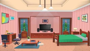 Vector cartoon living room interior with big windows, bed, chair, tv, table and houseplants.