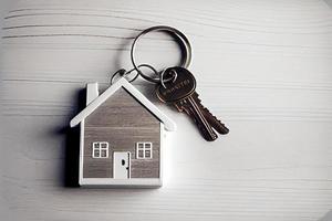 concepto inmobiliario - llavero y llaves sobre fondo blanco de madera