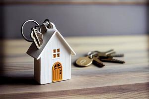 Real estate concept - Key ring and keys on white wooden background photo