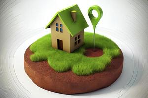 House symbol with location pin icon on round soil ground cross section with earth land