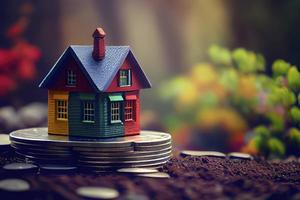 Miniature colorful house on stack coins using as property and financial concept photo