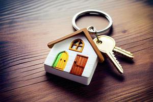 Real estate concept - Key ring and keys on white wooden background photo