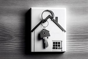 Real estate concept - Key ring and keys on white wooden background photo