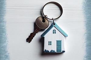 Real estate concept - Key ring and keys on white wooden background photo