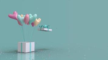 gåva låda glitter explodera och hjärta formad ballonger flyga ut blå och pastell