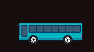 animation de conduite de bus de dessin animé 4k sur canal alpha. véhicule de voyage en bus de la ville de transit pour les transports en commun et les visites. bus en mouvement et arrêt de bus touristique. video