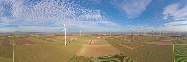 Panoramic aerial photo of a wind farm in Germany with blue sky and light clouds