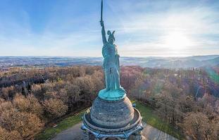 Drone image of Arminius monument in Teutoburg Forest near German city Detmold taken in morning time photo