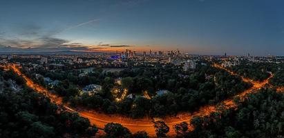 Drone panorama over Frankfurt am Main skyline in glowing evening red