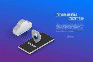 Vector isometric smartphone cloud storage security with password concept Technology abstract background.