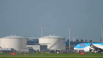 AMSTERDAM, THE NETHERLANDS JULY 26, 2017 - Martinair Cargo Boeing 747 PH MPS and TUI Fly Boeing 787 Dreamliner PH TFM before departure at runway 24 Kaagbaan. Shiphol Airport, Amsterdam, Holland video