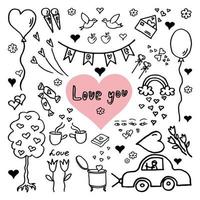 Doodle for Valentin's Day with the image of hearts, balloons, birds, postcards, sweets vector