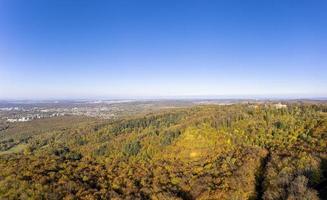 Drone photo of Frankenstein Castle near Darmstadt in Germany with a view over the Rhine-Main area in autumn