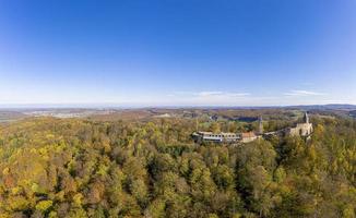 Drone photo of Frankenstein Castle near Darmstadt in Germany with a view over the Rhine-Main area in autumn