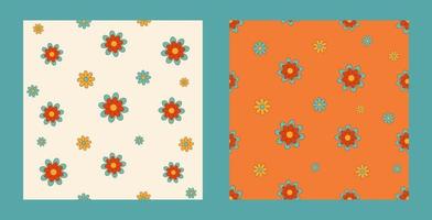 Set of abstract seamless patterns with vintage groovy flowers. Seventies Style, Wallpaper, textile. Flat Design, Retro, Hippie Aesthetic. vector