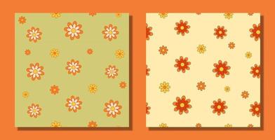 Set of abstract seamless patterns with vintage groovy flowers. Retro, Seventies style, flat design, Hippie Aesthetic. vector