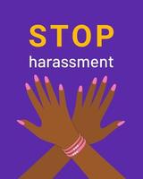 carteles y pancartas para detener el acoso sexual, los brazos de las mujeres de piel oscura se cruzan en señal - prohibido.