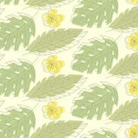Abstract pattern palm leaves and yellow flowers with lines on  light yellow background vector