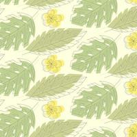 Abstract pattern palm leaves and yellow flowers with lines on  light yellow background vector