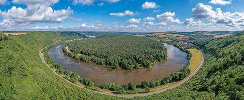 Drone panorama over river Main loop in Germany with village Urphar